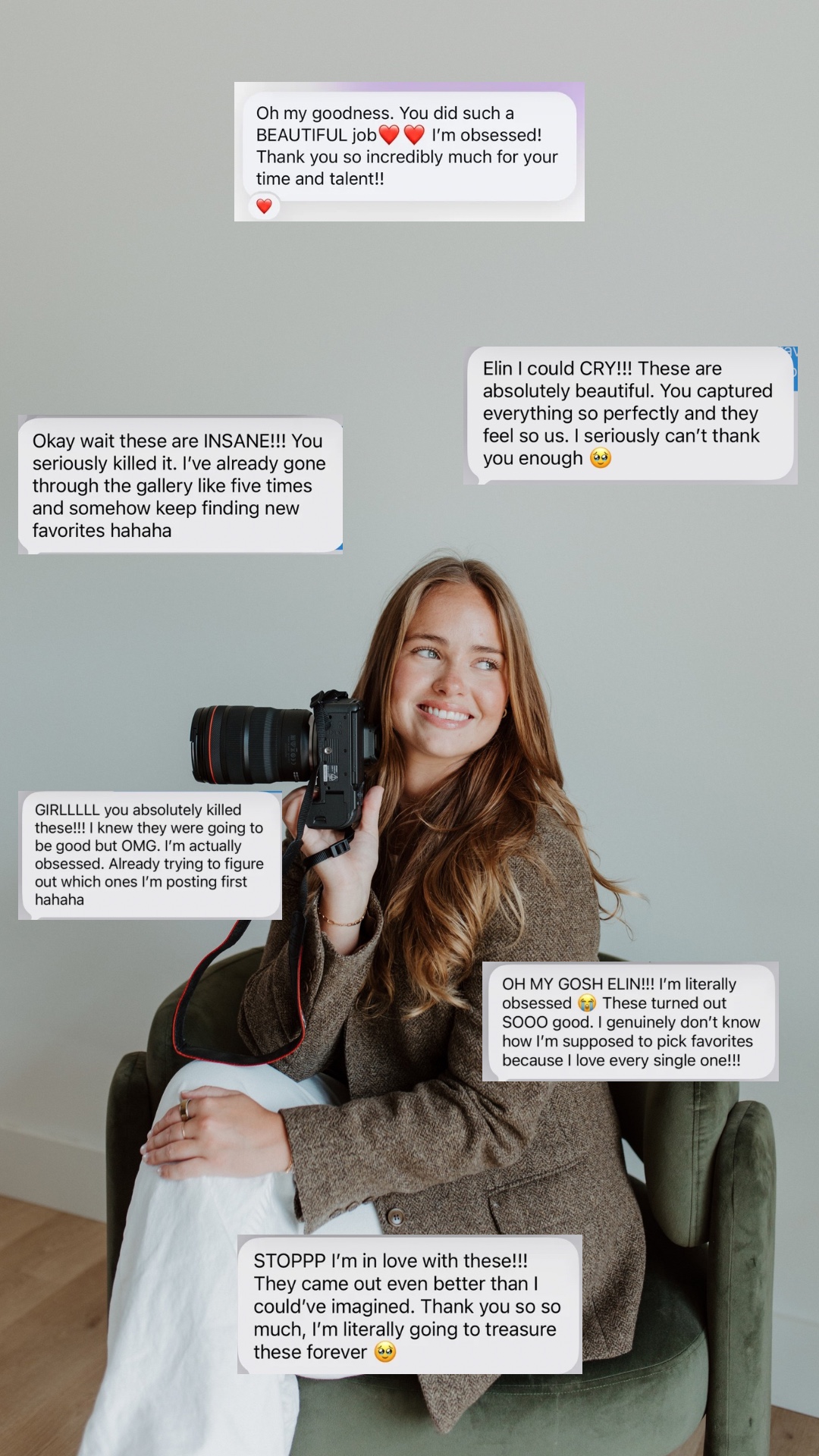 Client messages praising Elin Kaiser's photography
